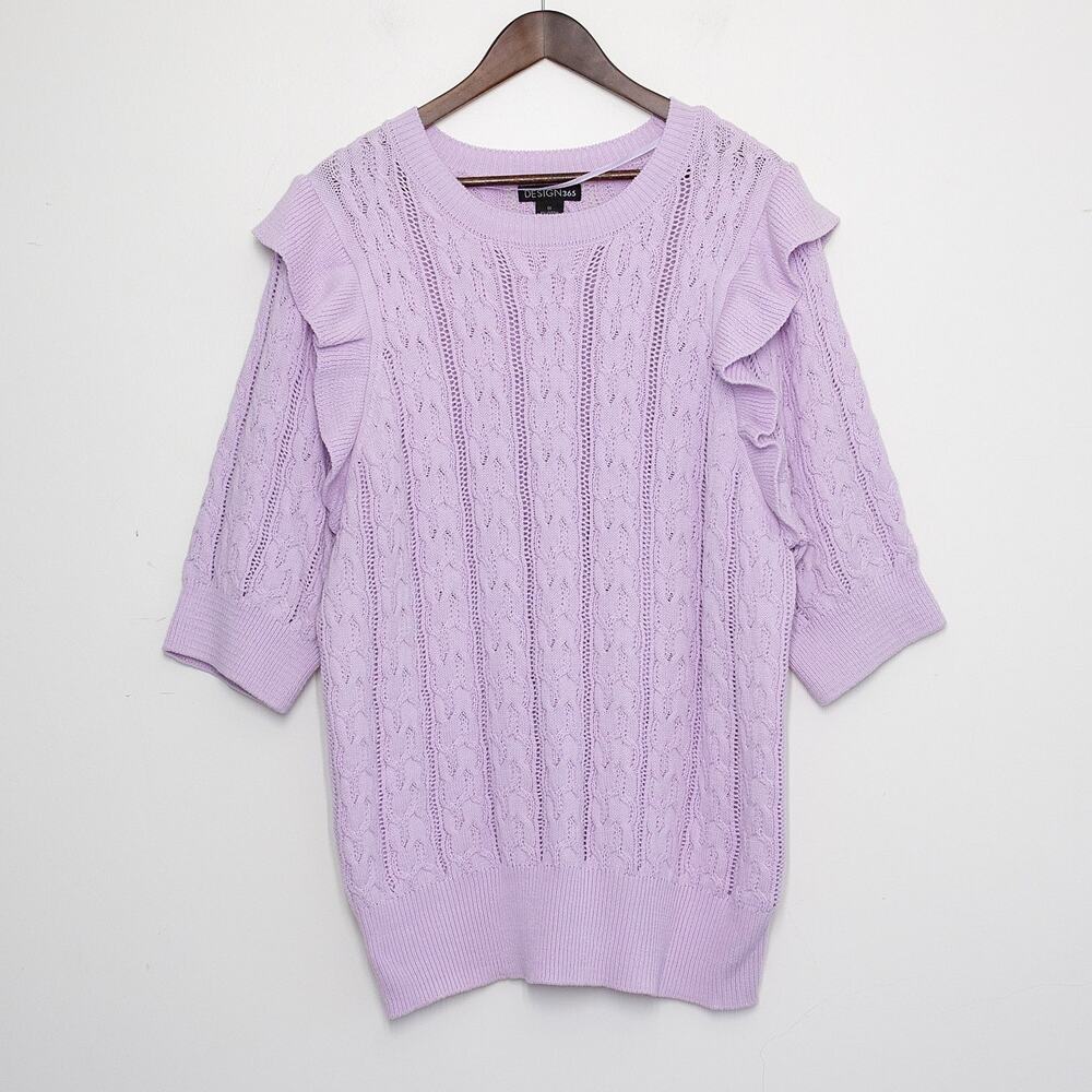Lavender Cable Knit Sweater Women 1X Purple Ruffle Shoulder Coquette Soft Girl
